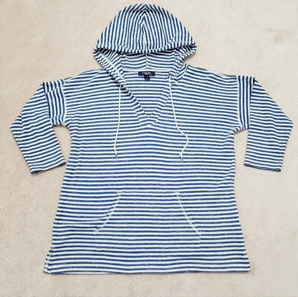 Chaps Woman's hoodie Blue striped Top V‑neck pullover Kangaroo Pocket size M - Picture 6 of 11